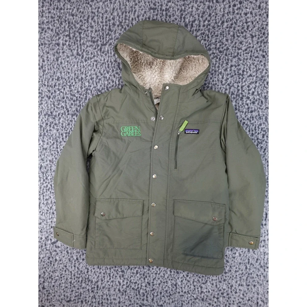 Patagonia Isthmus Parka Kids M 10 Green Sherpa Lined Hooded Jacket